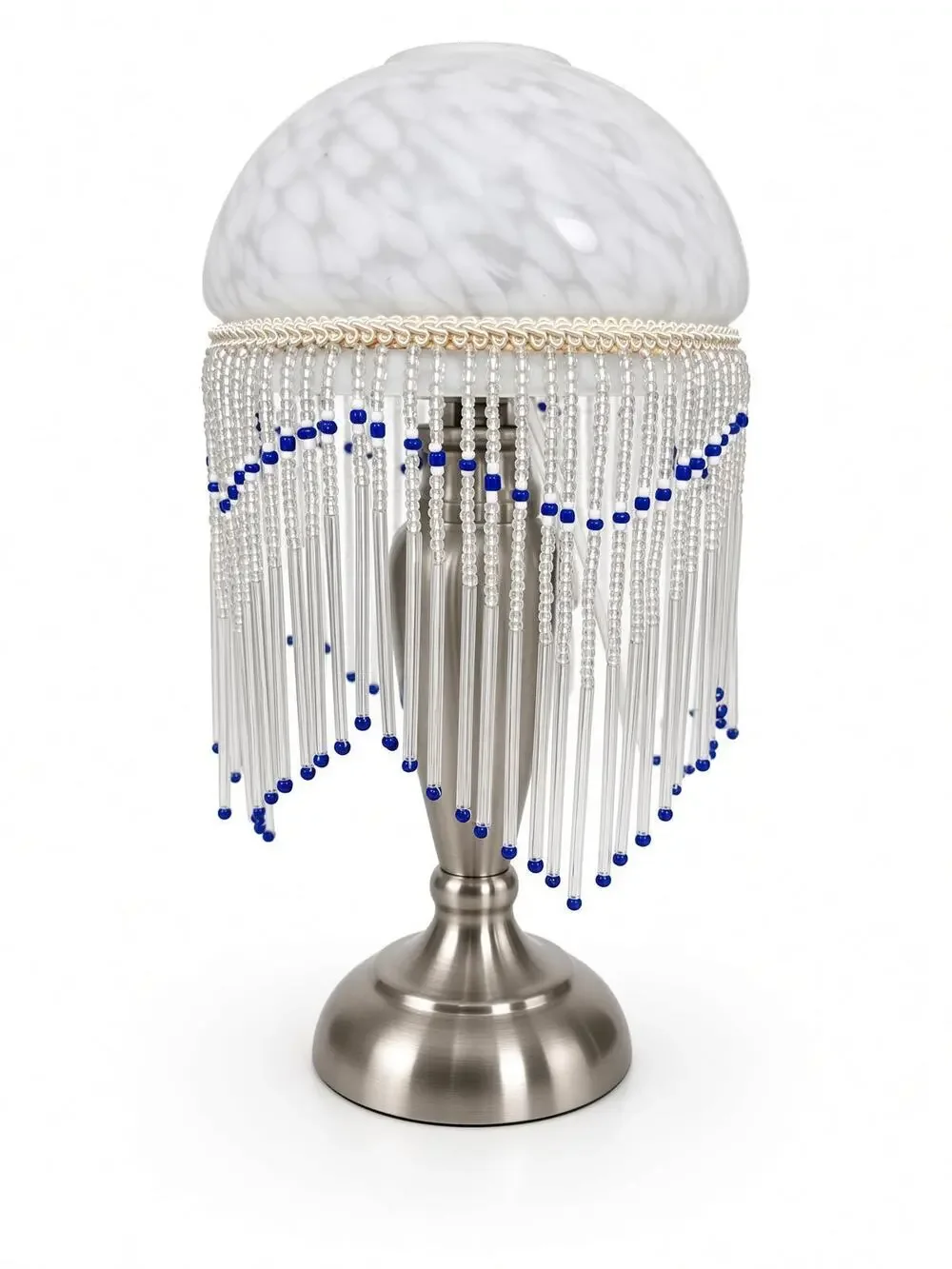 Boudoir Accent Lamp, Frosted Glass Globe Shade, Cobalt Blue Bead Fringe